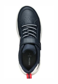 Zapatillas de cuero azul marino con una lengüeta de malla transpirable, cordones blancos, tira de velcro y un acento rojo en el talón. Talla 31.