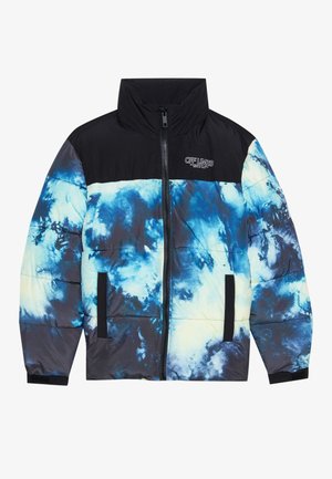 Puffer jacket with a high collar, featuring a black top section and a blue and white cloud pattern on the lower half. Zipper closure and side pockets.