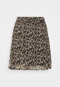 Sukně s leopardím vzorem v černé a béžové barvě, s elastickým pasem a mírně rozšířeným lemem na bílém pozadí.