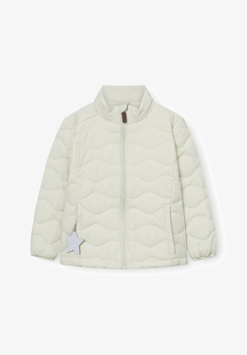 Ελαφριά μπεζ μπουφάν με επένδυση και κυματιστή ραφή, με φερμουάρ μπροστά, ψηλό γιακά, ελαστικά μανίκια και ετικέτα σε σχήμα αστεριού στην αριστερή πλευρά.