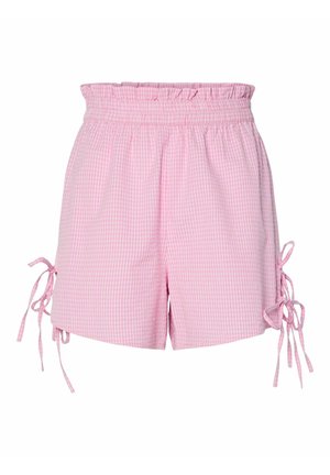 Roze geruite shorts met een gerimpelde elastische tailleband en strikaccenten aan de zijkanten. Gemaakt van een lichtgewicht, gestructureerde stof.