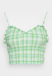 Top cropped em xadrez verde e branco com textura franzida, decote e alças com babados, apresentando um tecido leve e respirável.