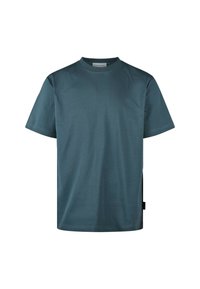 Dark teal cotton t-shirt with a rounded neckline, short sleeves, and a straight hem. Features minimal design and no visible patterns or accents.