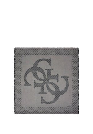 Sciarpa quadrata grigia con lettere GS e U intrecciate grigio scuro al centro e un piccolo bordo con motivo ripetuto che riporta il nome del marchio Guess.