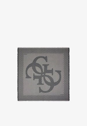 Sciarpa quadrata grigia con lettere GS e U intrecciate grigio scuro al centro e un piccolo bordo con motivo ripetuto che riporta il nome del marchio Guess.