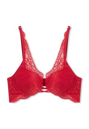 Reggiseno rosso in pizzo con coppe imbottite, bordi scallopati e chiusura frontale con fasce decorative a croce. Spalline regolabili per una vestibilità personalizzata.