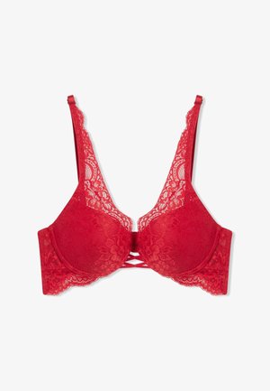Reggiseno rosso in pizzo con coppe imbottite, bordi scallopati e chiusura frontale con fasce decorative a croce. Spalline regolabili per una vestibilità personalizzata.