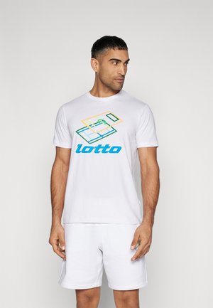 White cotton t-shirt featuring a multicolored geometric logo design and "lotto" text in blue. Pairing with white athletic shorts.