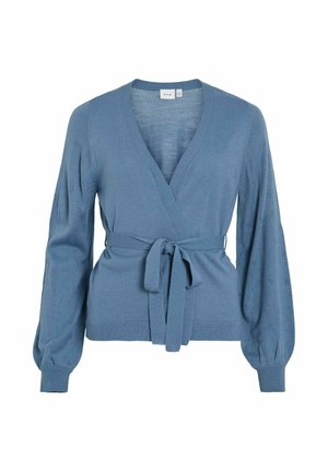 Blue wrap cardigan made of soft knit fabric, featuring a tie waist, V-neck, and puff sleeves with a textured pattern of small diamonds.