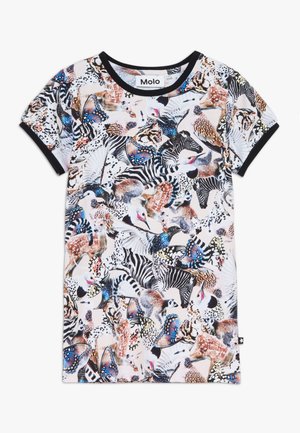 Korte mouwen t-shirt van zachte stof, met een multicolore dieren- en insectenprint op een lichte achtergrond; zwarte ribgebreide hals.