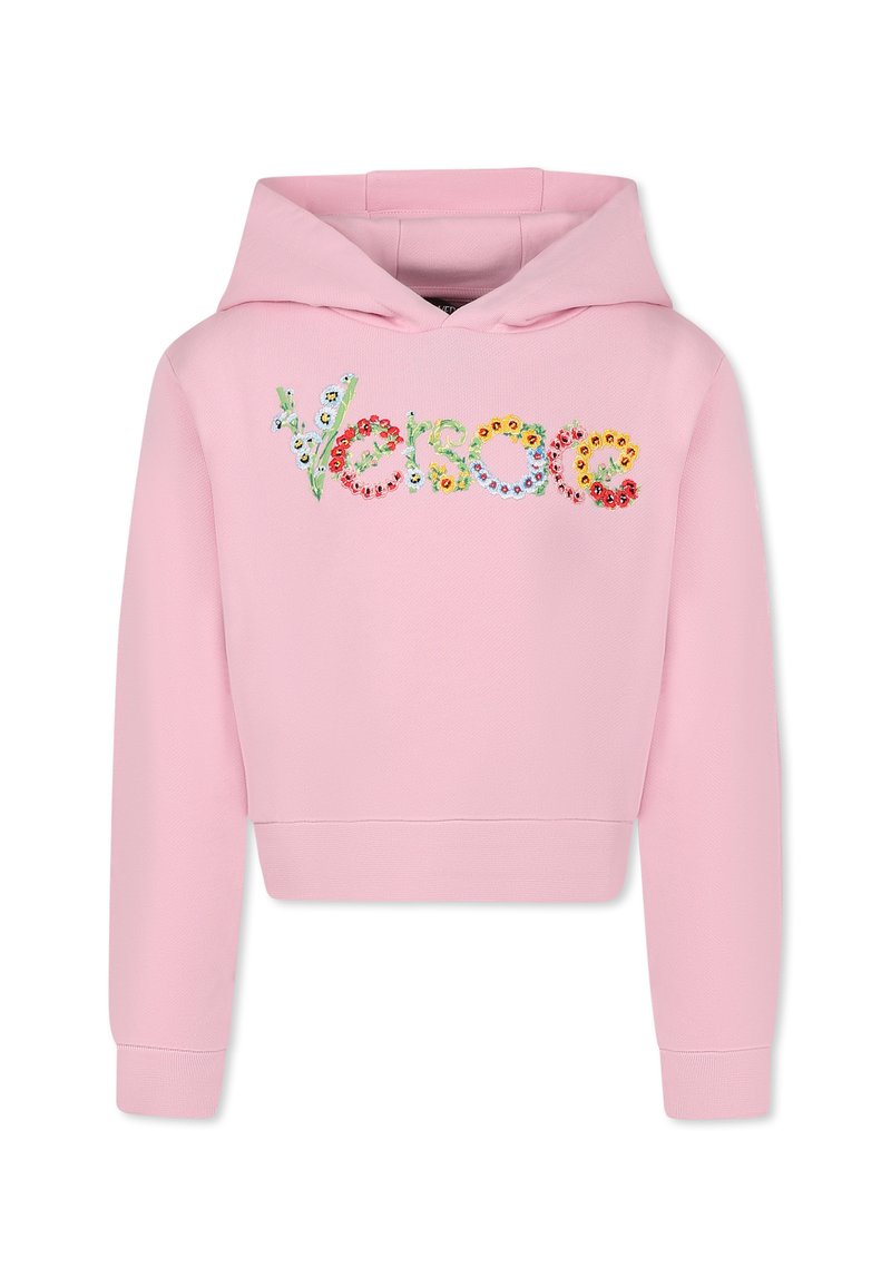 Sweatshirt corto rosa con finitura testurizzata. Presenta un ricamo floreale colorato che scrive "Versace" sul davanti e un cappuccio regolabile con coulisse.