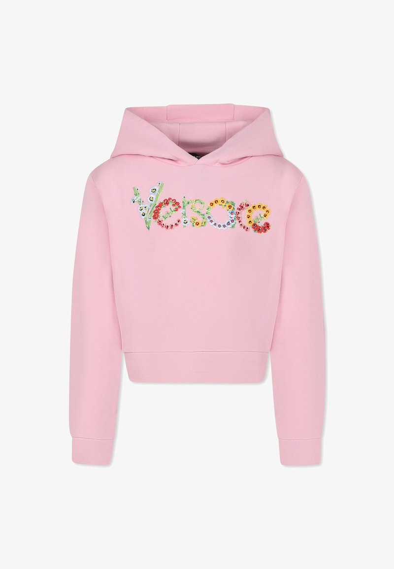 Sweatshirt corto rosa con finitura testurizzata. Presenta un ricamo floreale colorato che scrive "Versace" sul davanti e un cappuccio regolabile con coulisse.