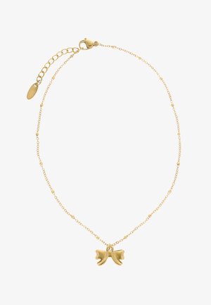 Gouden ketting met kleine ronde kralen en een centraal strikvormig hanger, voorzien van een verstelbare sluiting en verlengstukken.