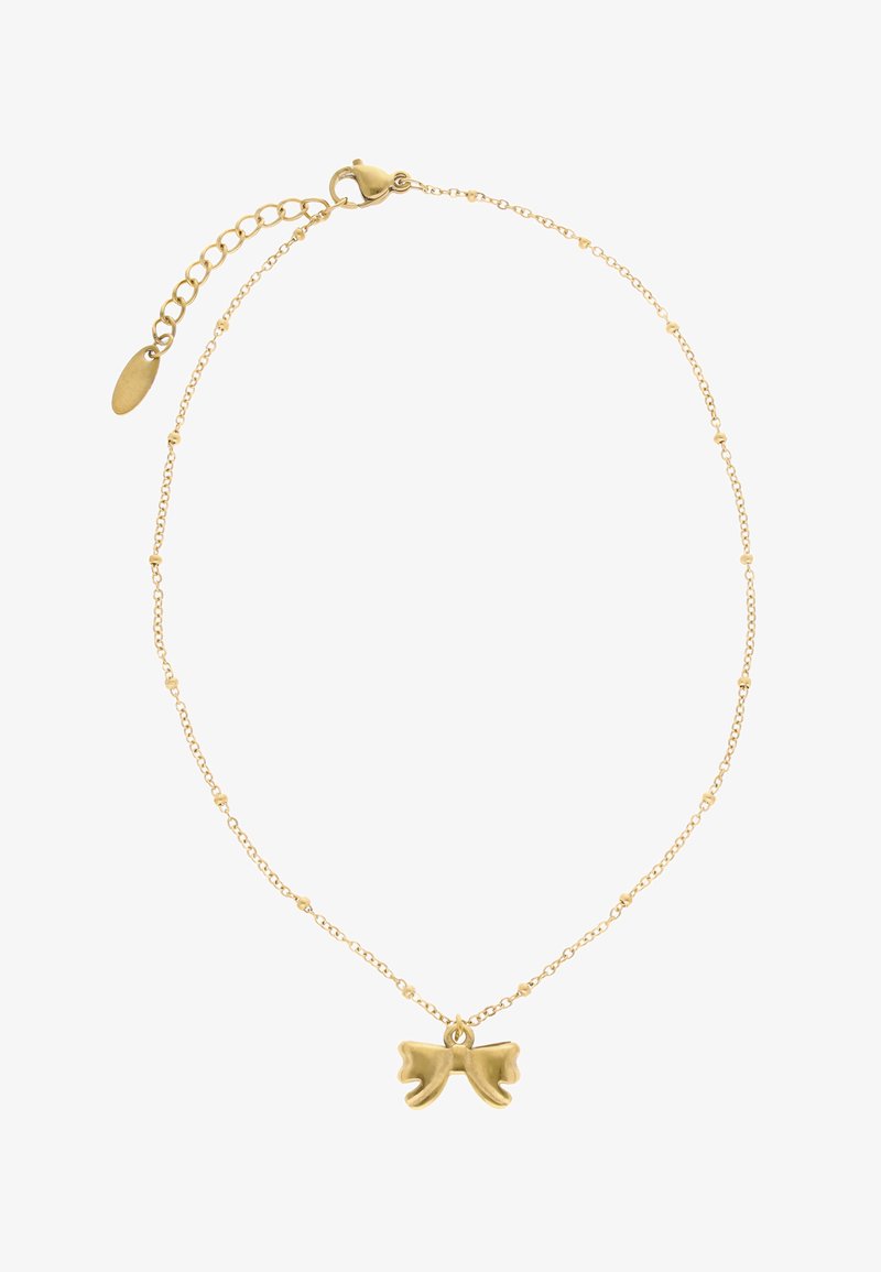 Goldkette mit kleinen runden Perlen und einem zentralen, schleifenförmigen Anhänger, ausgestattet mit einem verstellbaren Verschluss und Verlängerungskettchen.