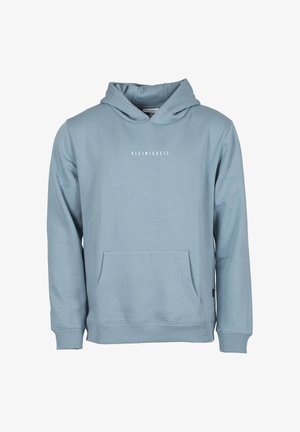 Sweat à capuche bleu clair avec poche avant kangourou et texte "KLEINIGKEIT" imprimé en blanc sur la poitrine.