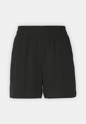 Pantalones cortos de lino negros con cintura elástica, con un corte relajado y bolsillos laterales. Textura suave y longitud por encima de la rodilla.