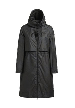 Black waterproof coat with a hood, featuring a zip front, cinched waist, and a semi-cropped top layer over a longer bottom layer.