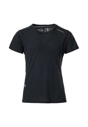 Czarna sportowa koszulka z krótkim rękawem, okrągłym dekoltem, z małą metką z flagą Szwecji przy dole i logo „Swedemount” na górnej prawej stronie klatki piersiowej.