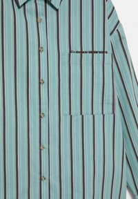 Vaaleansininen napillinen kauluspaita, jossa on pystysuorat valkoiset ja tummanruskeat raidat sekä rintatasku, jossa on kirjailtu 'Urban Memories'.