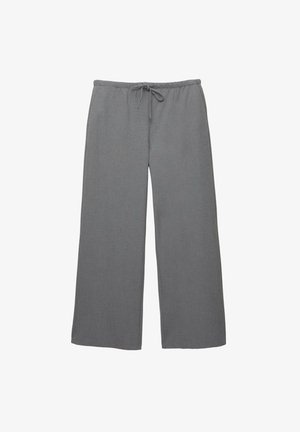 Grå vida byxor gjorda av mjuk tyg, med resårmidja och snörning samt en slät struktur. Enkelt design utan mönster.