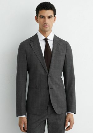 Mand iført en mørkegrå ternet dragt, hvid skjorte og mørkebrun slips, stående foran en ensfarvet hvid væg.