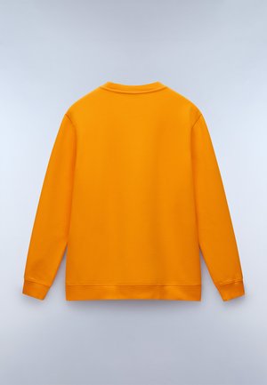 Sweatshirt orange à manches longues, col rond, avec des poignets et un ourlet côtelés, texture lisse et design uni. Pas de logos ou motifs visibles.