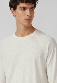 Hellgraues Langarmshirt mit Rundhalsausschnitt und Raglanärmel, aus einem weichen, strukturierten Stoff gefertigt. Keine sichtbaren Muster oder Hardware.