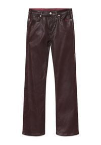 Pantaloni in pelle color bordeaux con design a gamba dritta, caratterizzati da uno stile a cinque tasche, hardware in metallo e una texture liscia e lucida.