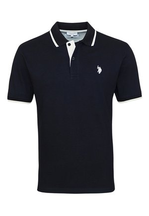 Navy polo shirt made of cotton, featuring white collar and sleeve accents, two-button placket, and small embroidered logo on the chest.