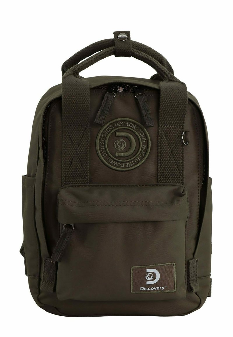 Dark green backpack made of durable fabric, featuring a round logo, two side pockets, padded straps, and a top handle. Zipper closure.