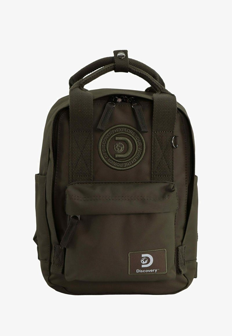 Dark green backpack made of durable fabric, featuring a round logo, two side pockets, padded straps, and a top handle. Zipper closure.