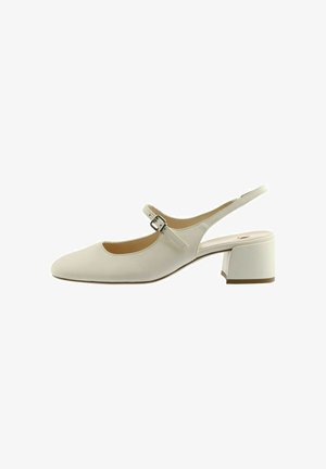 Cream-colored leather slingback shoe with low block heel and adjustable buckle strap across the instep.