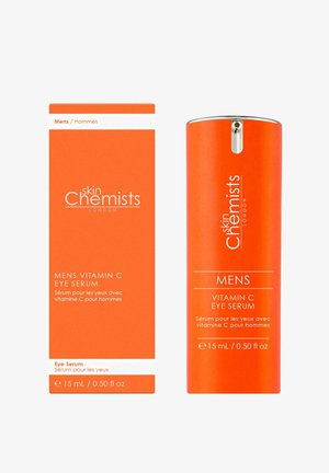 Orangene Verpackung und Pumpflasche des Skin Chemists London Men's Vitamin C Eye Serum, 15 ml, mit zweisprachigem Text in Englisch und Französisch.