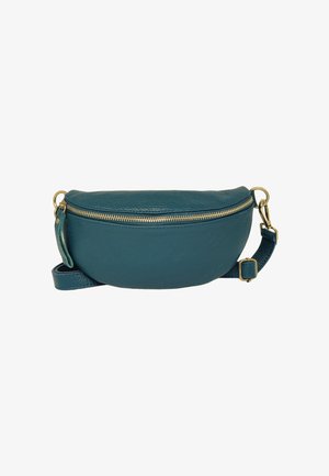 Sac bandoulière en cuir teal avec une forme arrondie, fermeture éclair dorée, bandoulière ajustable et surface texturée. Comprend un compartiment zippé unique.
