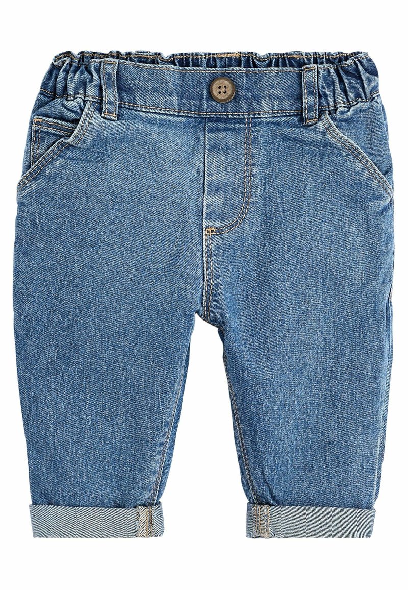Pantalon en denim bleu pour tout-petit avec revers roulés, ceinture élastique, fermeture par bouton et poches avant sur fond blanc.