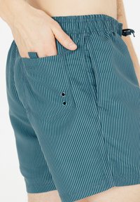 Teal-stribede badekorts med elastisk talje og sidelomme. Har en knappet baglomme og et let, hurtigttørrende materiale.