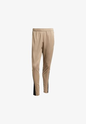 Khaki athletic pants with a fitted design, elastic waistband, and black side accents. Smooth fabric with a slight sheen and tapered legs.