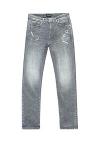 Grijze denim jeans met een verwoeste look, voorzien van verfspatten en vervaagde delen. Standaard vijf-pocket stijl en een recht gesneden pasvorm.