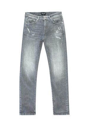 Grijze denim jeans met een verwoeste look, voorzien van verfspatten en vervaagde delen. Standaard vijf-pocket stijl en een recht gesneden pasvorm.