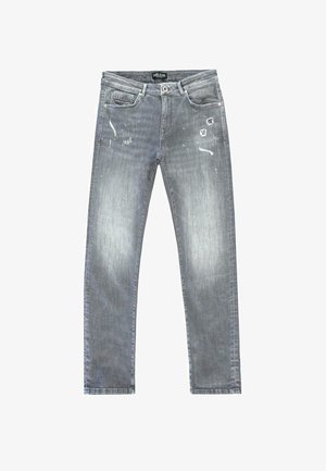 Grijze denim jeans met een verwoeste look, voorzien van verfspatten en vervaagde delen. Standaard vijf-pocket stijl en een recht gesneden pasvorm.