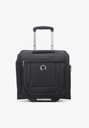 Black wheeled suitcase with a telescoping handle, zippered front pocket, textured fabric, round logo detail, and sturdy black wheels.