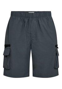 Grå cargoshorts med elastiskt midjeband, två sidofickor och två sidocargofickor med dragkedjor. Lättviktigt tyg med en slät yta.