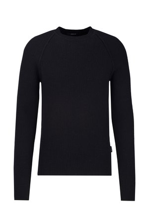 Schwarzer, gerippter Strickpullover mit rundem Halsausschnitt und langen Ärmeln. Verfügt über eine figurbetonte Silhouette und ein kleines Etikett an der unteren Seite.