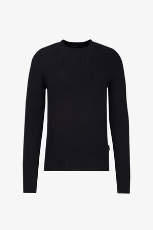 Zwarte ribgebreide trui met een ronde hals en lange mouwen. Heeft een aansluitende pasvorm en een klein etiket aan de onderzijde.