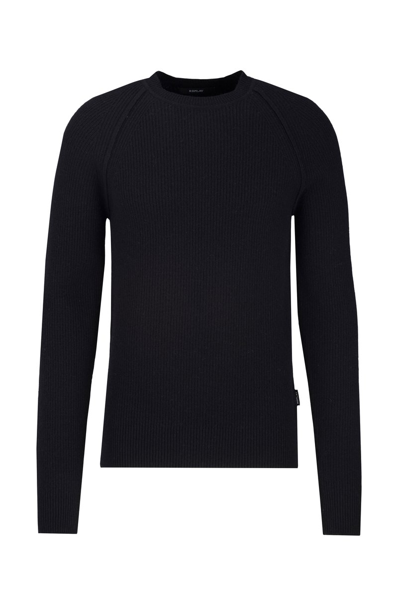 Schwarzer, gerippter Strickpullover mit rundem Halsausschnitt und langen Ärmeln. Verfügt über eine figurbetonte Silhouette und ein kleines Etikett an der unteren Seite.