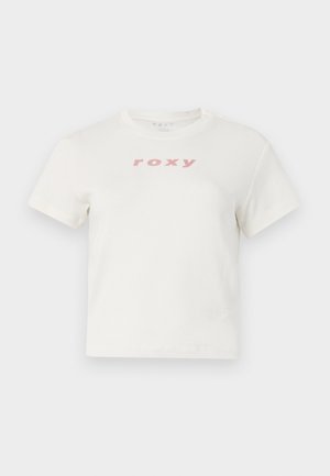 Hvid bomulds T-shirt med korte ærmer og rund halsudskæring, med et pink logo "roxy" trykt på forsiden. Regular fit design.