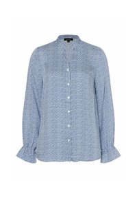 Blue patterned long-sleeve shirt with a mandarin collar, button closure, and flared cuffs, featuring geometric shapes in contrasting colors.