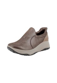 Scarpa slip-on marrone con finitura metallizzata, caratterizzata da una suola imbottita, una texture liscia e un dettaglio di cucitura discreto sulla parte superiore.