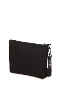 Černá látková crossbody taška s zipovou přední kapsou, nastavitelným popruhem a texturovaným povrchem. Kompaktní obdélníkový tvar.