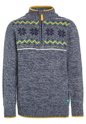 Pull en maille bleu marine avec demi-fermeture éclair, bordure jaune, motifs en zigzag verts et jaunes et flocons de neige sur la poitrine et le haut des manches.